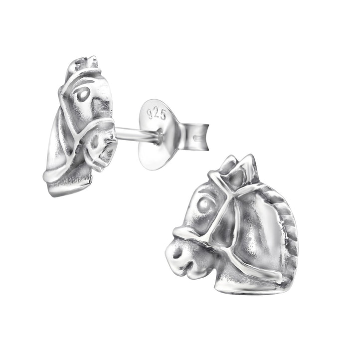 Joy|S - Zilveren paard oorbellen - 8 mm - paardenhoofd - geoxideerd