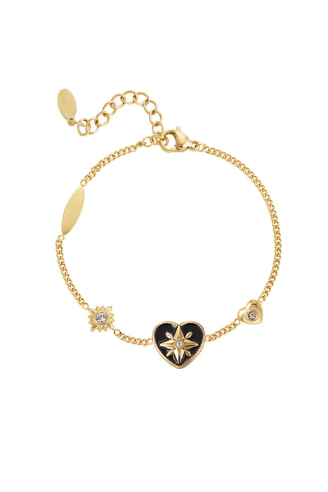 Joy Ibiza - hartjes armband - zwart emaille hartje - lobster sluiting - armband party boho - bohemian style - stainless steel - ip/pvd goldplated
