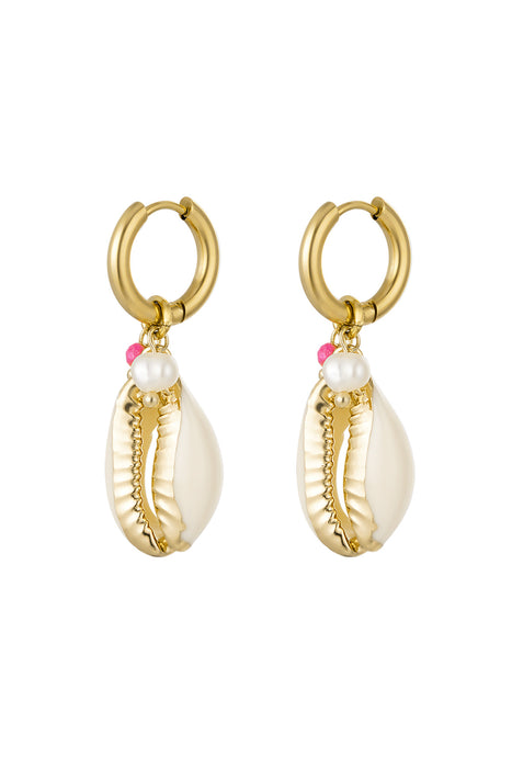 Joy Ibiza - schelp bedel oorbellen - oorringen - creme wit - roze kraaltje - wit pareltje - klap scharnier - ear party boho - bohemian style - stainless steel - ip/pvd goldplated