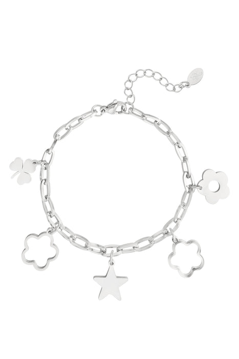 Joy Ibiza - bloem klaver ster bedel armband - paperclip schakel - boho - bohemian style - stainless steel