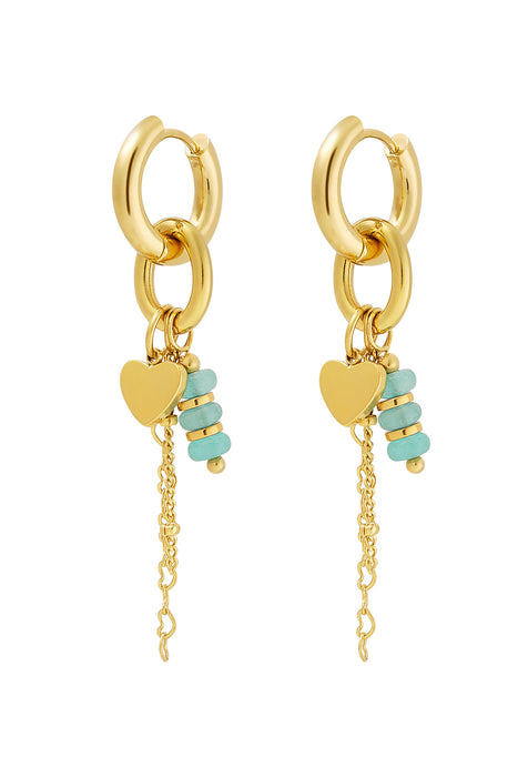 Joy Ibiza - hartje bedel oorbellen - oorringen met hartje hanger en kettinkjes - turquoise blauwe kraaltjes - klap scharnier - ear party boho - bohemian style - stainless steel - ip/pvd goldplated