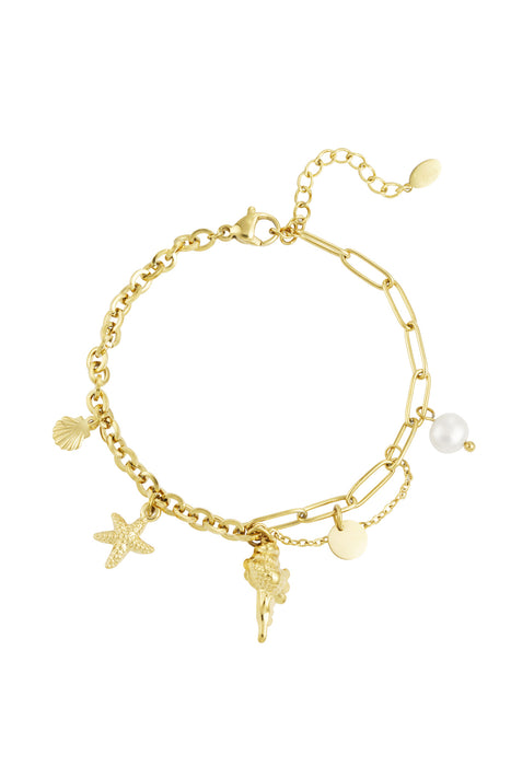 Joy Ibiza - armband - schelp zeester coin parel bedeltjes - lobster sluiting - paperclip schakel met een kettinkje - enkel party boho - bohemian style - stainless steel - ip/pvd goldplated