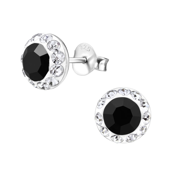 Joy|S - Zilveren ronde oorbellen - classic kristal - zwart -  7 mm