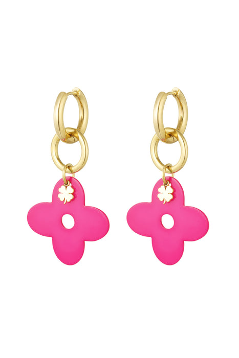 Joy Ibiza - Klaver bedel oorbellen - oorringen met 2 klavers - fuchsia roze - klap scharnier - ear party boho - bohemian bloem - stainless steel - ip/pvd goldplated