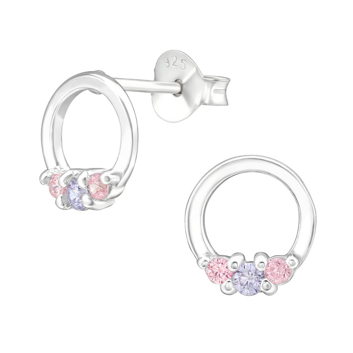 Joy|S - Zilveren oorbellen rond - zirkonia roze paars - 8 mm