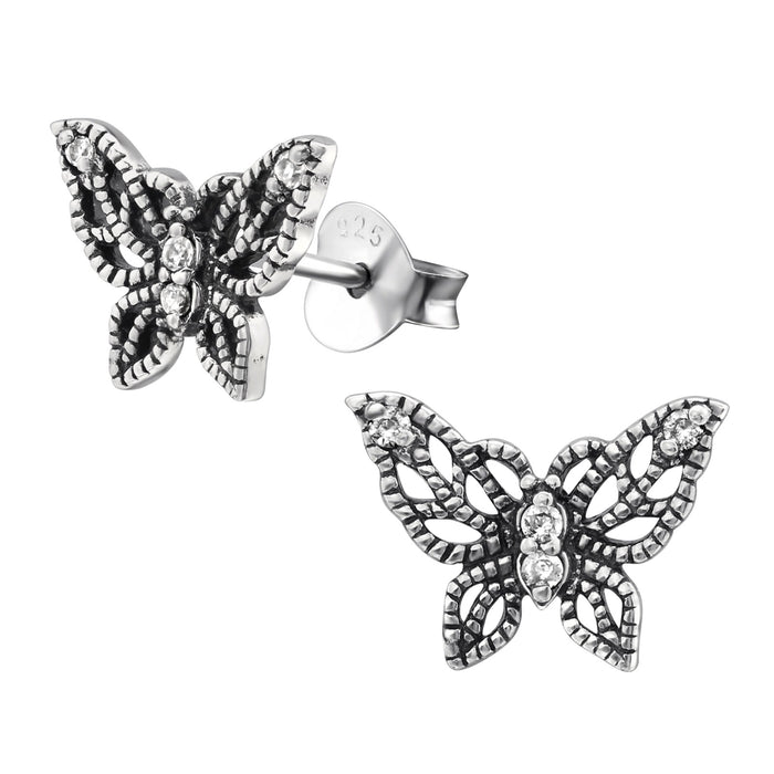 Joy|S - Zilveren vlinder oorbellen geoxideerd 11 x 8 mm