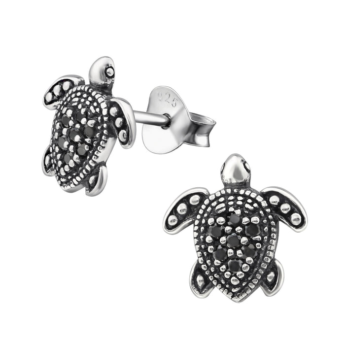 Joy|S - Zilveren schildpad oorbellen - 10 mm - zirkonia zwart - geoxideerd