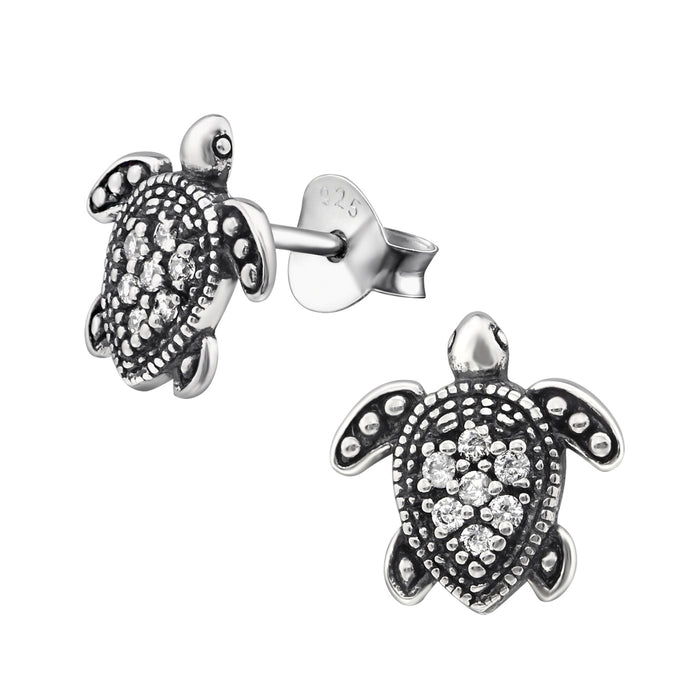 Joy|S - Zilveren schildpad oorbellen - 10 mm - zirkonia - geoxideerd
