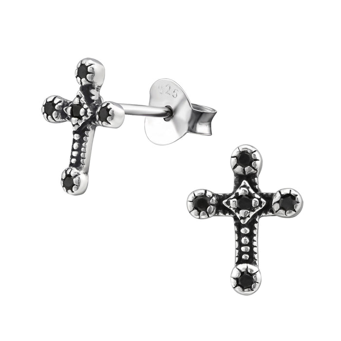 Joy|S - Zilveren kruis oorbellen 7 x 9 mm zirkonia zwart geoxideerd