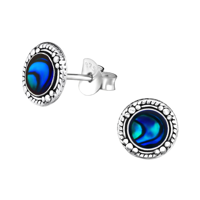 Joy|S - Zilveren Bali oorbellen - 8 mm - oorknoppen - abalone donker blauw (schelp) - geoxideerd