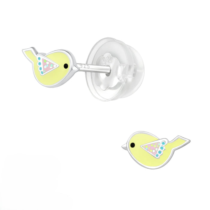 Joy|S - Zilveren vogeltje oorbellen - geel - 7 x 4 mm - kinderoorbellen - extra zacht sluiting (vlindersluiting met siliconen omhulsel)