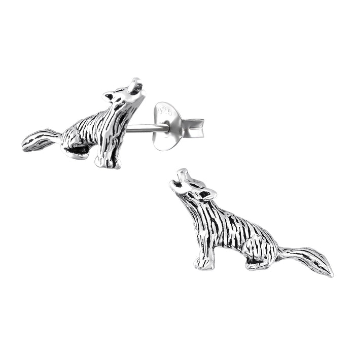 Joy|S - Zilveren wolf oorbellen - 16 x 8 mm - geoxideerd