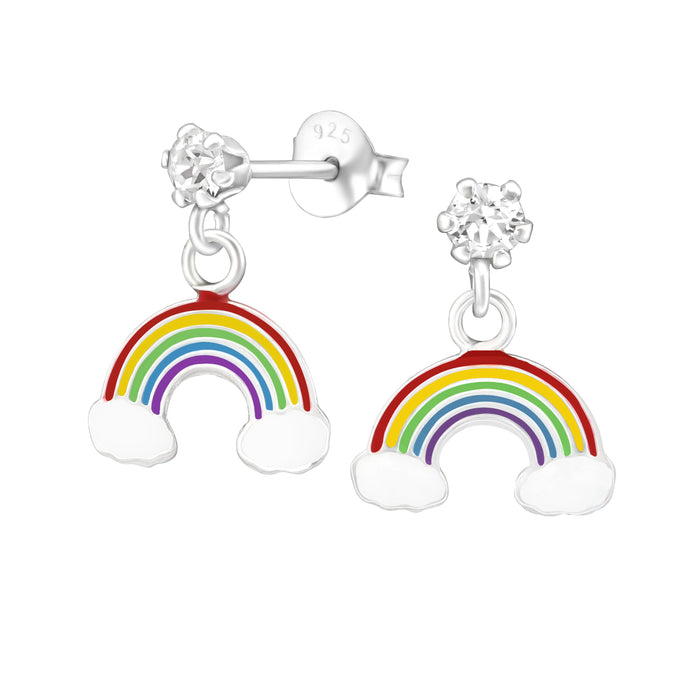 Joy|S - Zilveren regenboog bedel oorbellen - glitter wolkjes - oorknoppen met bedel - kristal - kinderoorbellen