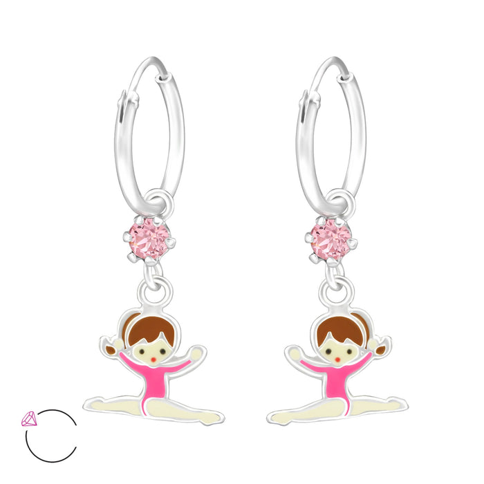 Joy|S - Zilveren ballerina turnster bedel oorbellen - oorringen - roze kristal - kinderoorbellen