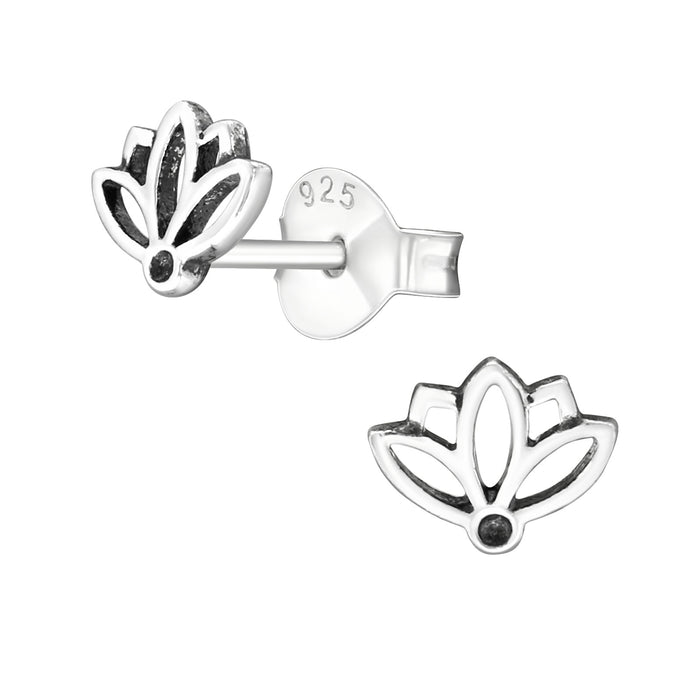 Joy|S - Zilveren lotus bloem oorbellen - 6 x 5 mm - oorknopjes - geoxideerd