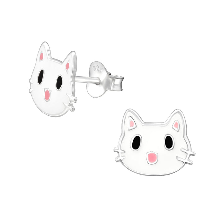 Joy|S - Zilveren kat poes oorbellen - 10 x 8 mm - wit met roze neusje en oortjes