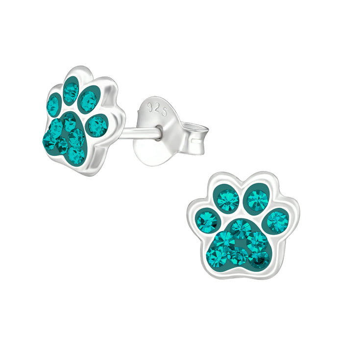 Joy|S - Zilveren kat hond dierenpoot oorbellen - 7 x 6 mm - turquoise blauw groen kristal - poot afdruk - kinderoorbellen