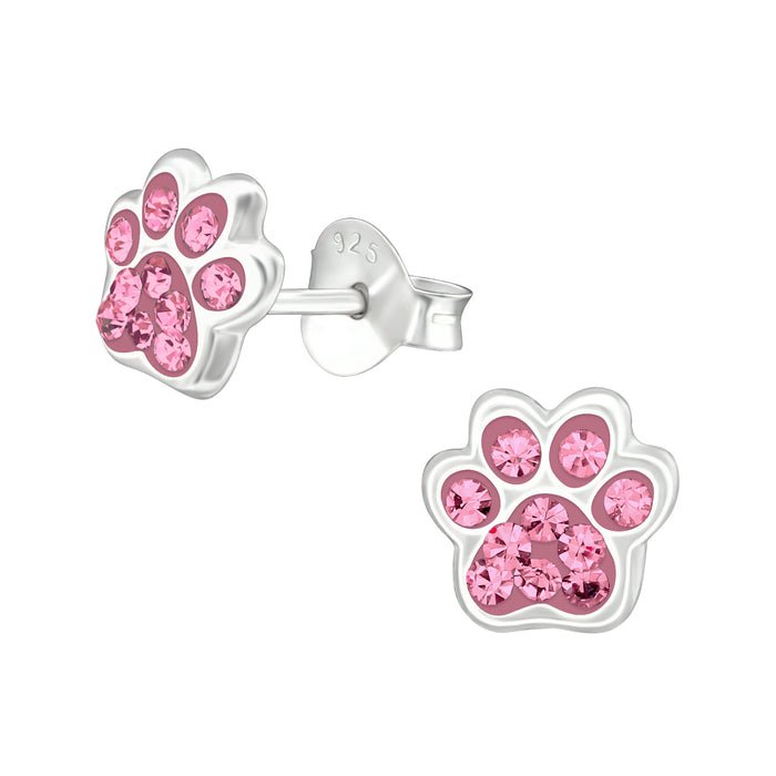 Joy|S - Zilveren kat hond dierenpoot oorbellen - 7 x 6 mm - roze kristal - poot afdruk - kinderoorbellen