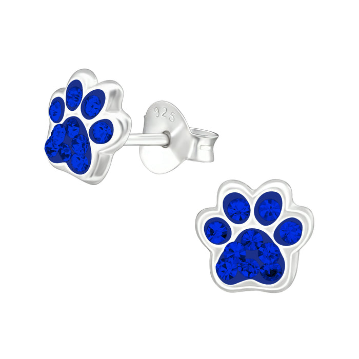 Joy|S - Zilveren kat hond dierenpoot oorbellen - 7 x 6 mm - saffier blauw - poot afdruk - kinderoorbellen