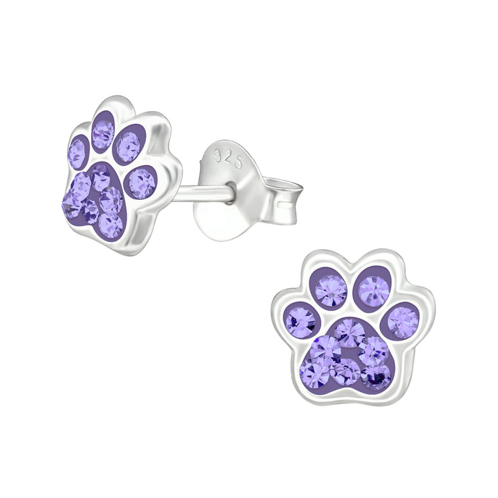 Joy|S - Zilveren kat hond dierenpoot oorbellen - 7 x 6 mm - violet paars kristal - poot afdruk - kinderoorbellen