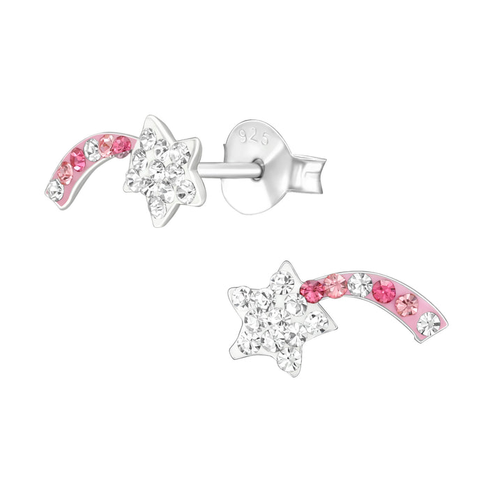 Joy|S - Zilveren vallende ster oorbellen - roze wit kristal - 12 x 6 mm