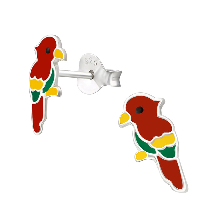 Joy|S - Zilveren papegaai oorbellen - 5 x 11 mm - rood geel groen - kinderoorbellen