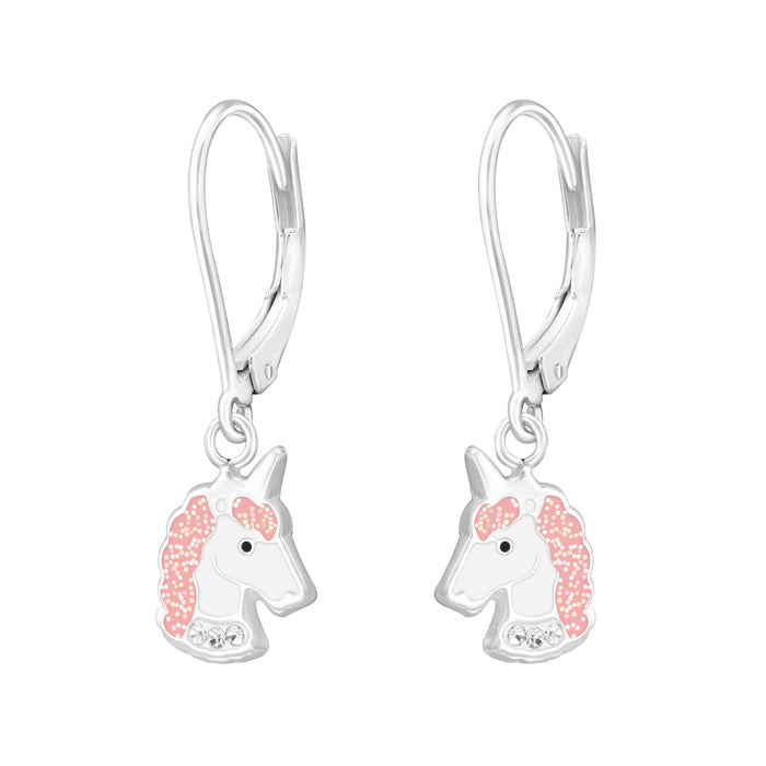 Joy|S - Zilveren eenhoorn bedel oorbellen - leverback sluiting - roze met wit - kristal - unicorn kinderoorbellen