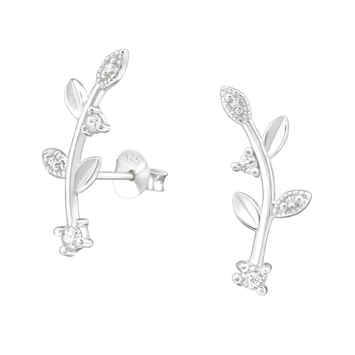 Joy|S - Zilveren takje met blad oorbellen 7 x 19 mm zirkonia