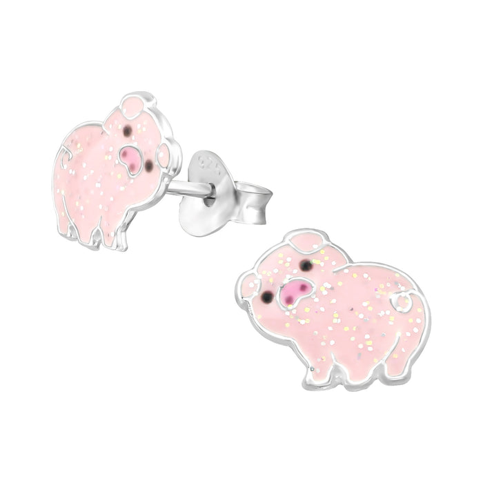 Joy|S - Zilveren varken oorbellen - roze varkentje met glittertjes - 10 x 8 mm - kinderoorbellen