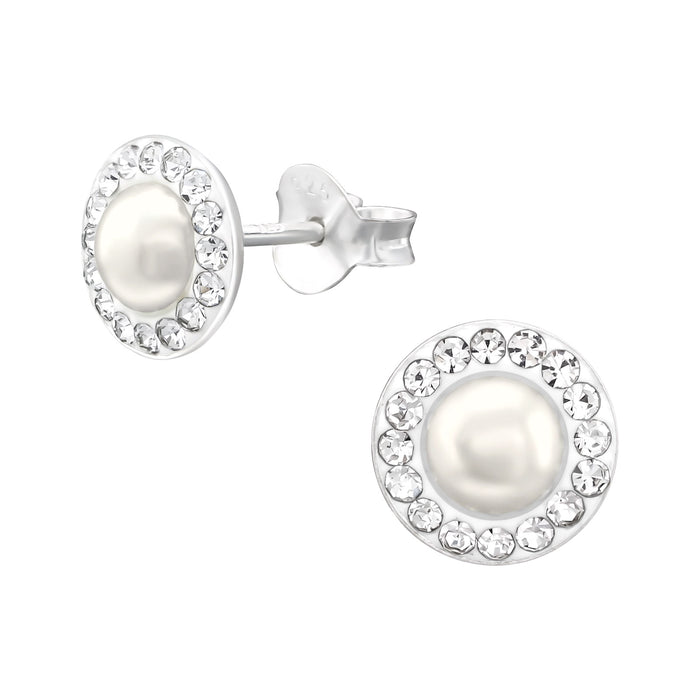 Joy|S - Zilveren classic parel oorbellen - 8 mm - met kristalletjes rand