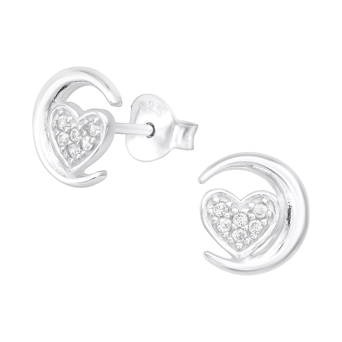 Joy|S - Zilveren maan met hartje oorbellen - 8 mm - zirkonia - oorknoppen
