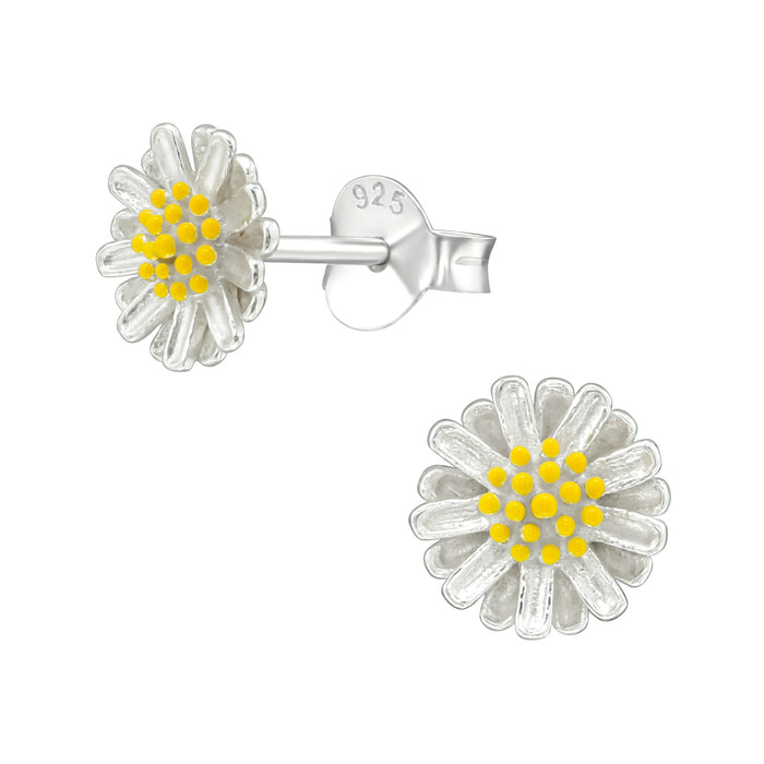 Joy|S - Zilveren bloem oorbellen - 7.5 mm - zilver met geel - oorknoppen