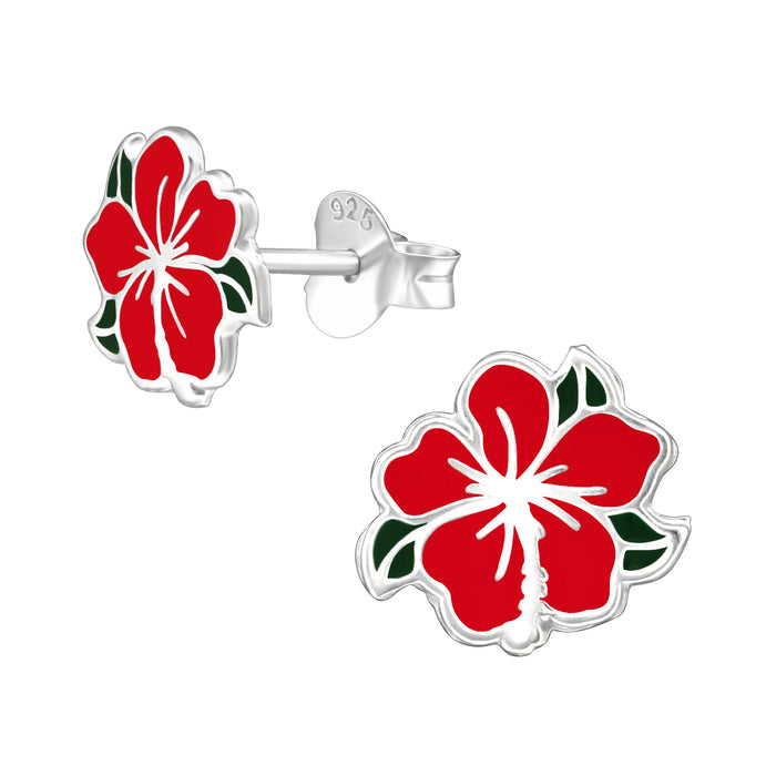 Joy|S - Zilveren Chinese roos oorbellen - 9 mm - rode bloem oorknoppen - kinderoorbellen