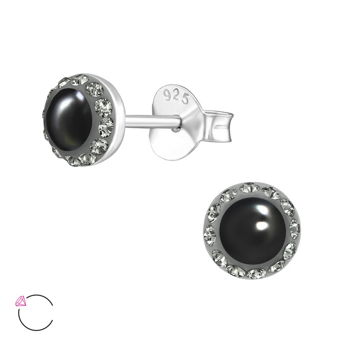 Joy|S - Zilveren parel oorbellen - 6 mm - antraciet/ zwarte parel met La Crystale