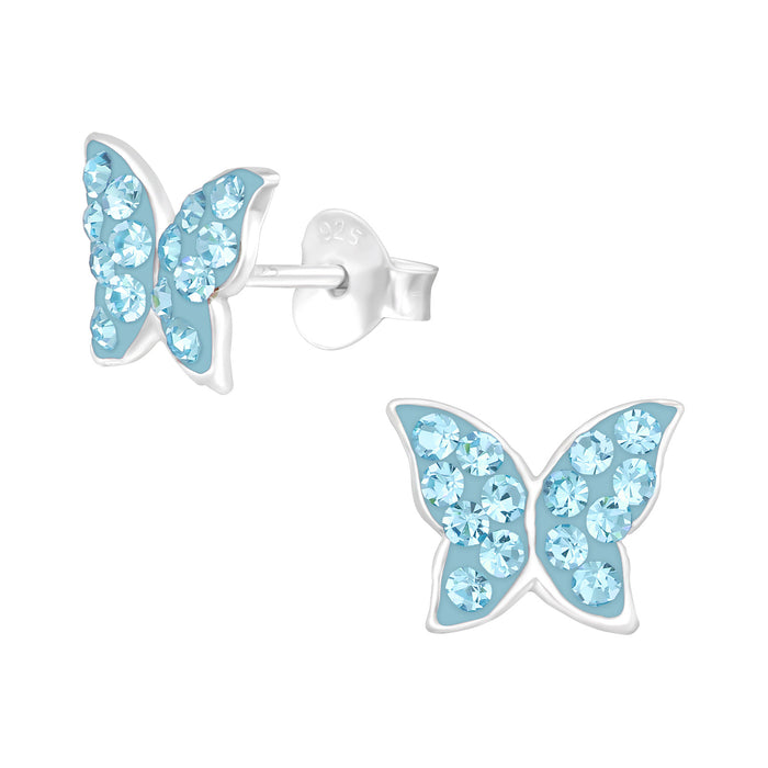Joy|S - Zilveren vlinder oorbellen - 9 x 7 mm - blauw kristal - kinderoorbellen