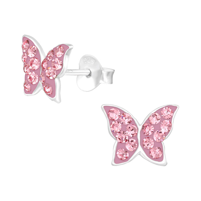Joy|S - Zilveren vlinder oorbellen - 9 x 7 mm - roze kristal - kinderoorbellen