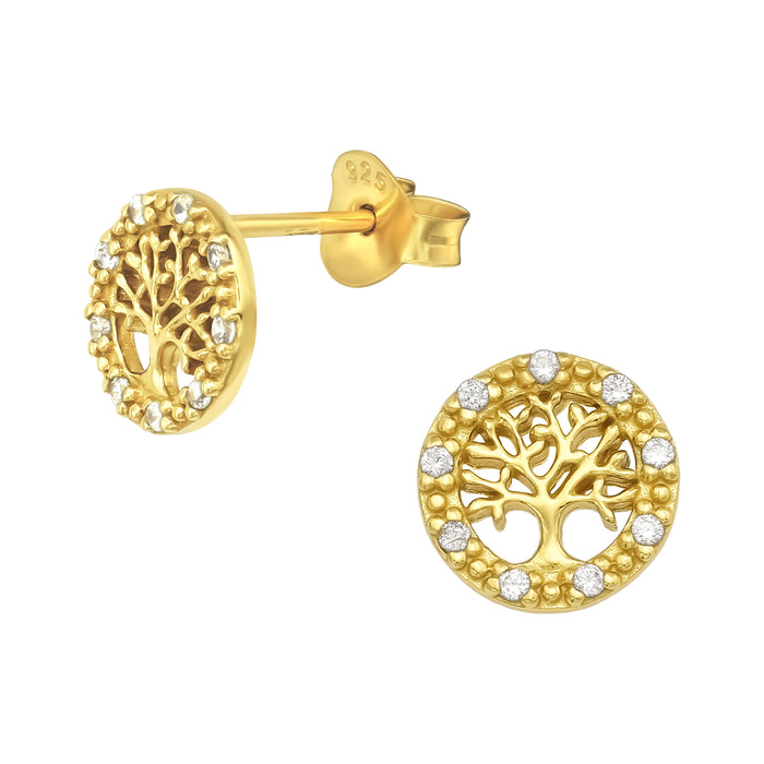 Joy|S - Zilveren ronde oorbellen - levensboom - 8 mm - zirkonia - goudplating