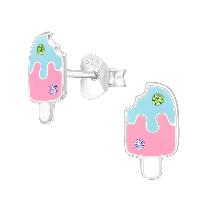 Joy|S - Zilveren ijsje oorbellen - roze turquoise blauw - 5 x 9 mm - groen paars kristal - ijslolly - kinderoorbellen