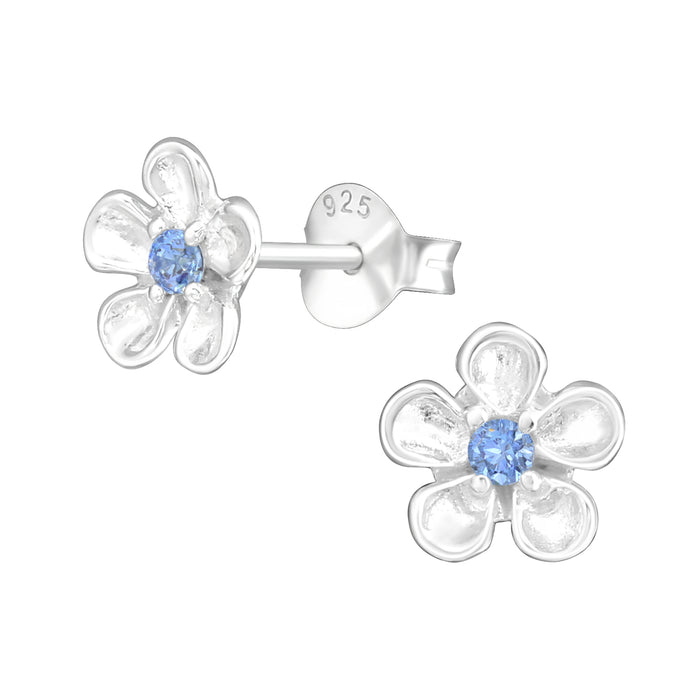 Joy|S - Zilveren bloem oorbellen - 7 mm - zilver met blauwe zirkonia - oorknoppen