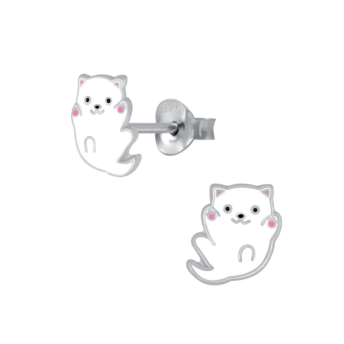Joy|S - Zilveren kat poes oorbellen - 8 mm - kitten wit