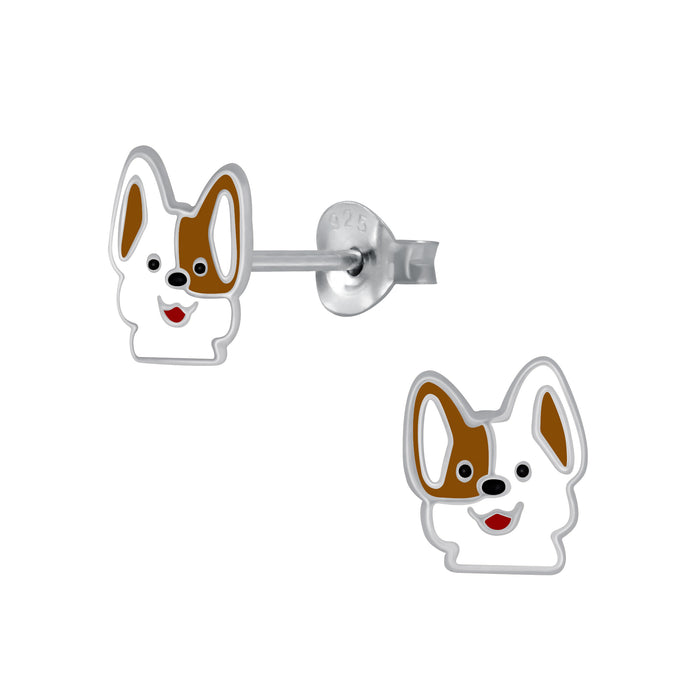 Joy|S - Zilveren hond oorbellen - 7 x 8 mm - wit bruin