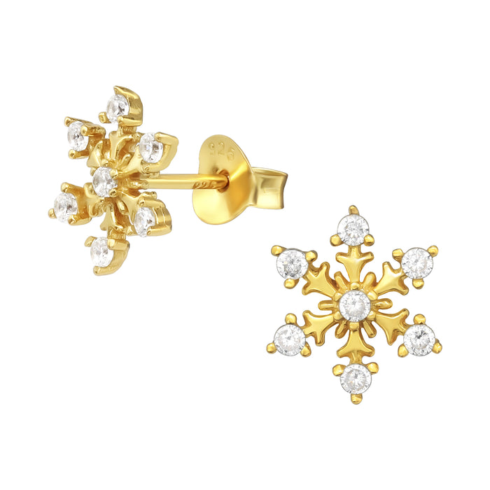 Joy|S - Zilveren sneeuwvlokje oorbellen - 10 mm - zirkonia - oorknoppen - goudplating