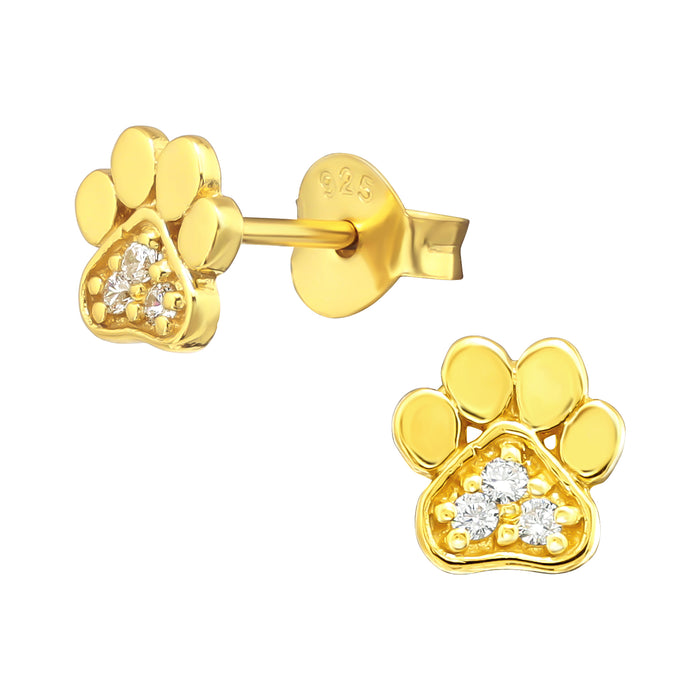 Joy|S - Zilveren kat hond dierenpoot oorbellen - 6 mm massief - zirkonia - poot afdruk - goudplating