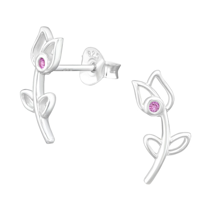 Joy|S - Zilveren tulp bloem oorbellen - 7 x 13 mm - roze zirkonia - oorknoppen