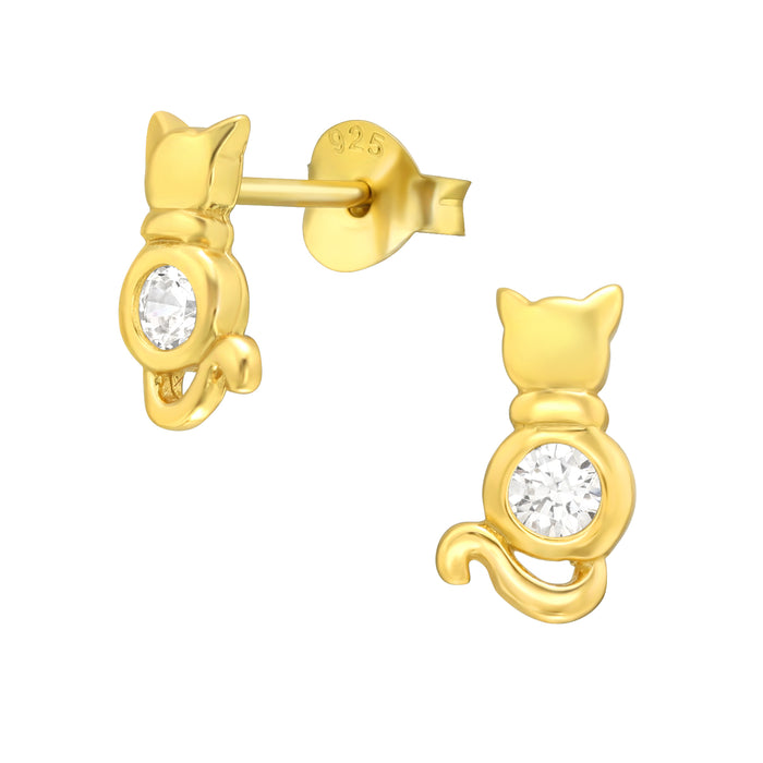 Joy|S - Zilveren kat poes oorbellen - 5 x 9 mm - zirkonia - oorknoppen - goudplating