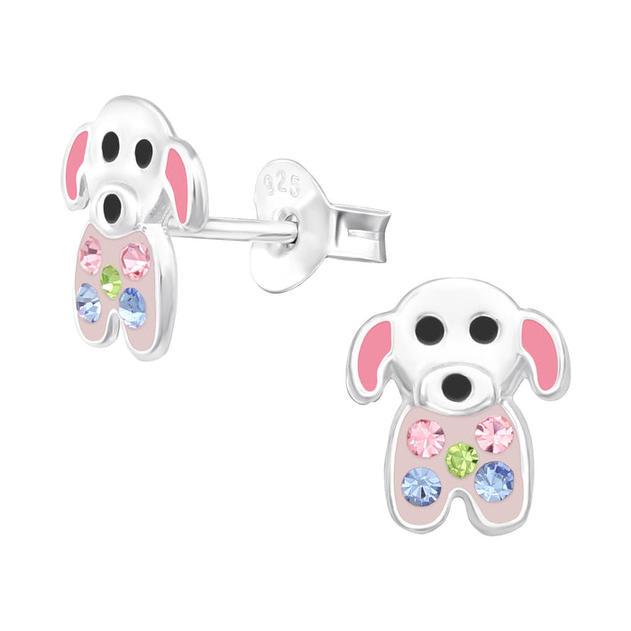 Joy|S - Zilveren hond oorbellen - zilver met roze oortjes en zacht roze buikje met kristalletjes - 7 x 9 mm - kinderoorbellen