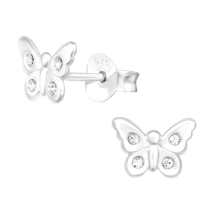 Joy|S - Zilveren vlinder oorbellen - egaal sterling zilver 925 - met kristalletjes - 8 x 6 mm - kinderoorbellen