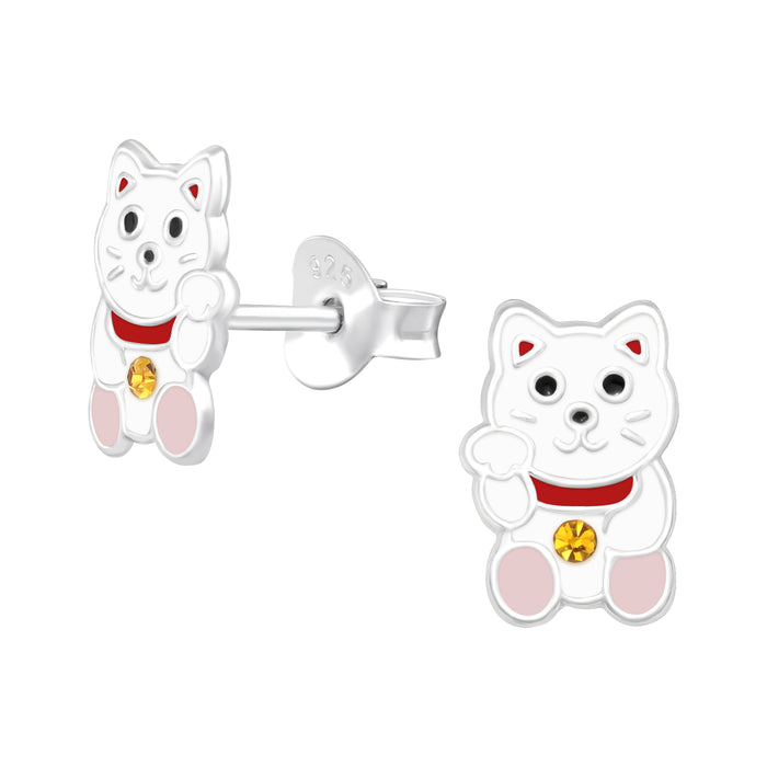 Joy|S - Zilveren kat poes oorbellen - wit met rode halsbandje - geel kristal - 6 x 9 mm