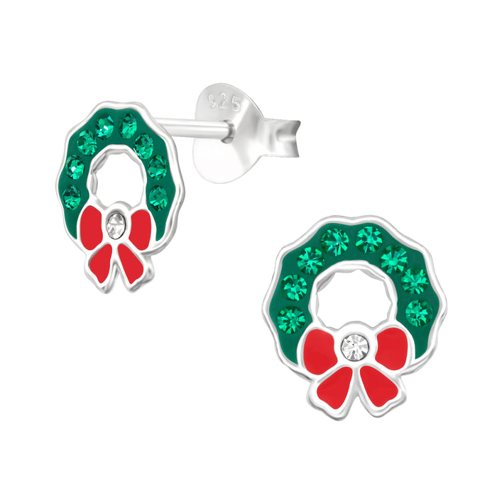 Joy|S - Zilveren kerst oorbellen - kerstkrans - 7 x 8 mm - groen met rood - kristal - krans kinderoorbellen