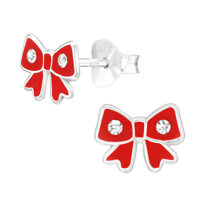Joy|S - Zilveren kerst strik oorbellen - rood - 8 x 6 mm - kristal - kinderoorbellen